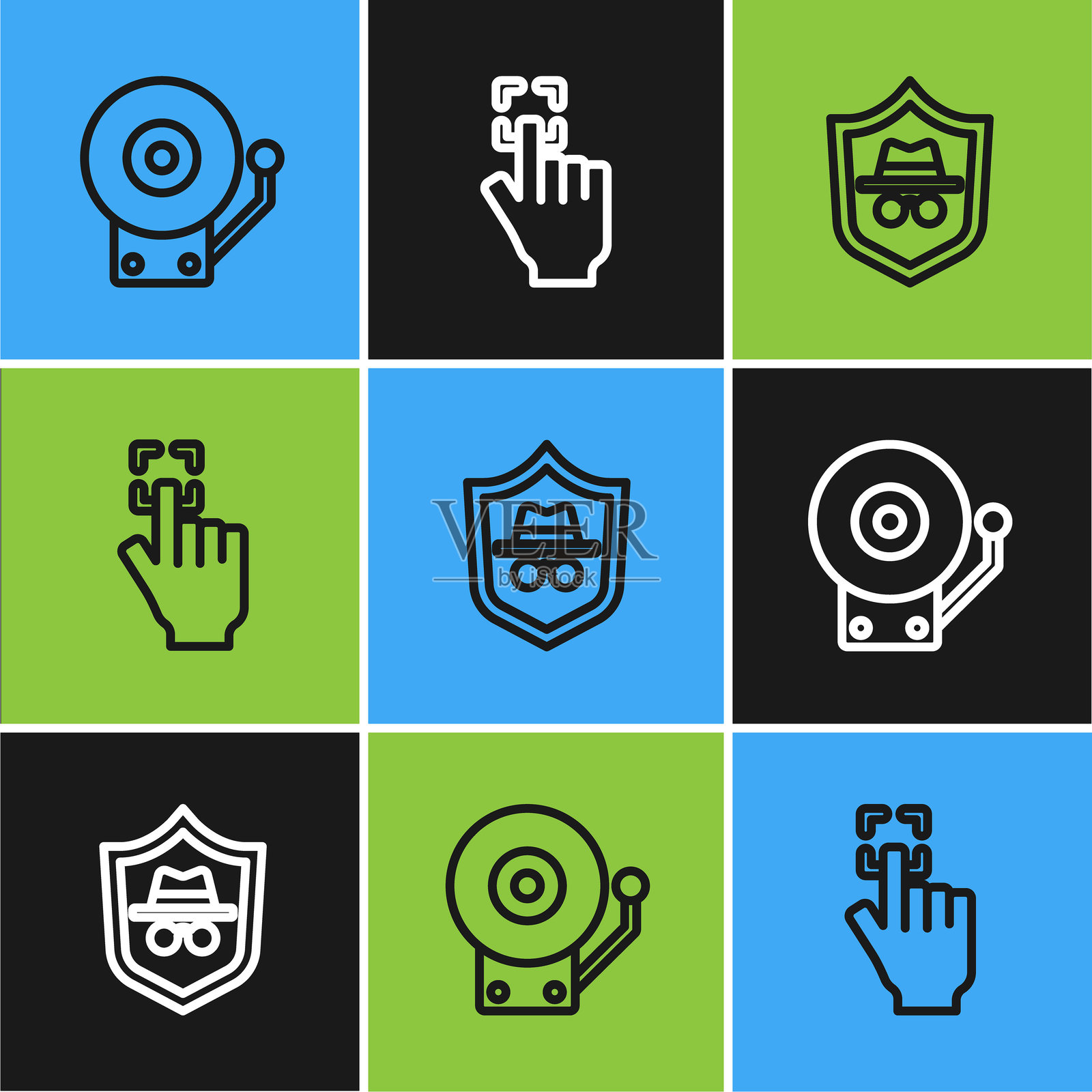 设置铃声报警器、隐身模式和指纹图标。矢量图插画图片素材