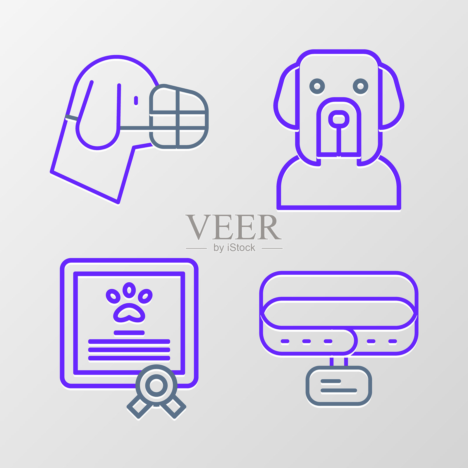 带有姓名标签的项圈,适用于狗或猫,带有狗和嘴套图标的证书。矢量图。插画图片素材