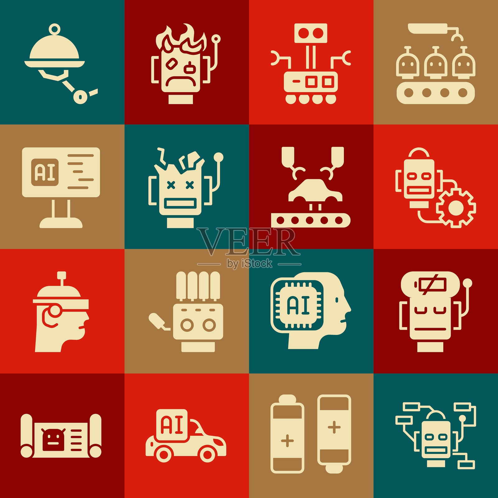 设置机器人,低电量,设置,损坏的机器人,软件,服务员和工厂图标上的机械臂。矢量图。插画图片素材