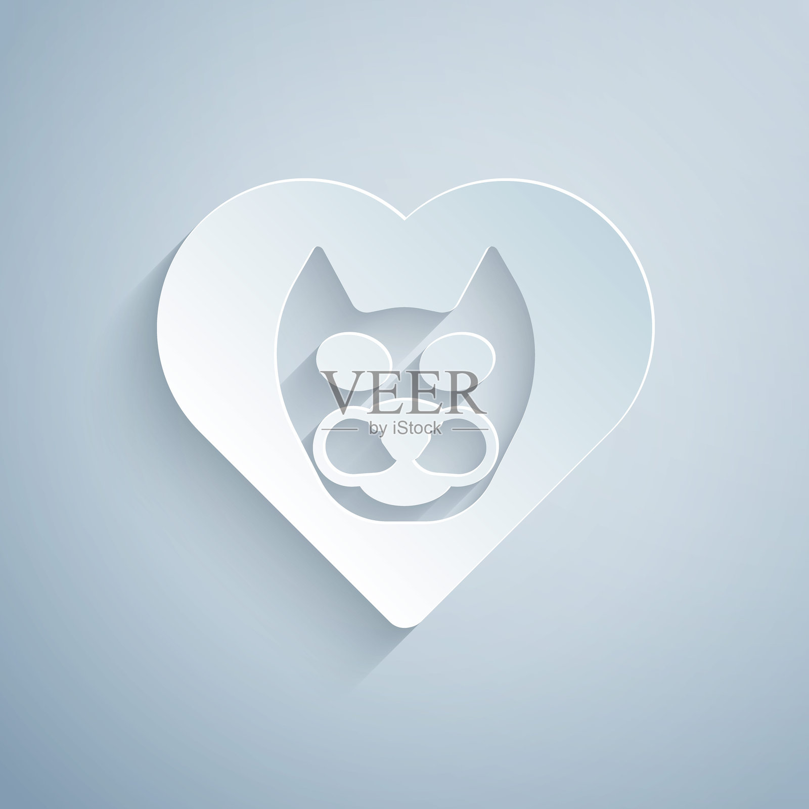 纸雕心形与猫图标,背景为灰色。热爱动物。纸艺风格。矢量图。插画图片素材