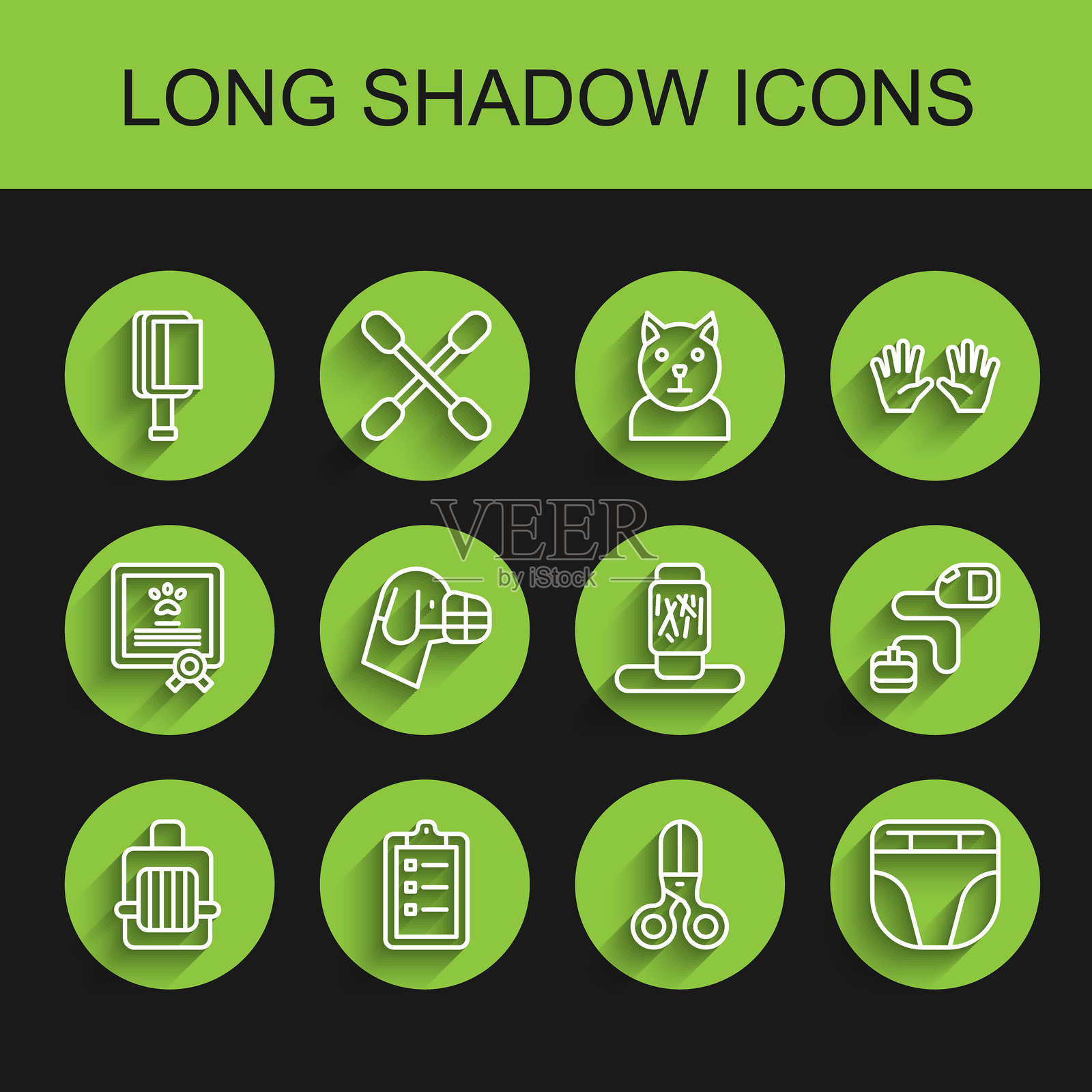 宠物携带箱、宠物美容院价格表、狗猫用梳子、理发师剪刀、尿布、狗嘴套、可伸缩绳索牵引带和猫抓柱图标。矢量图。插画图片素材