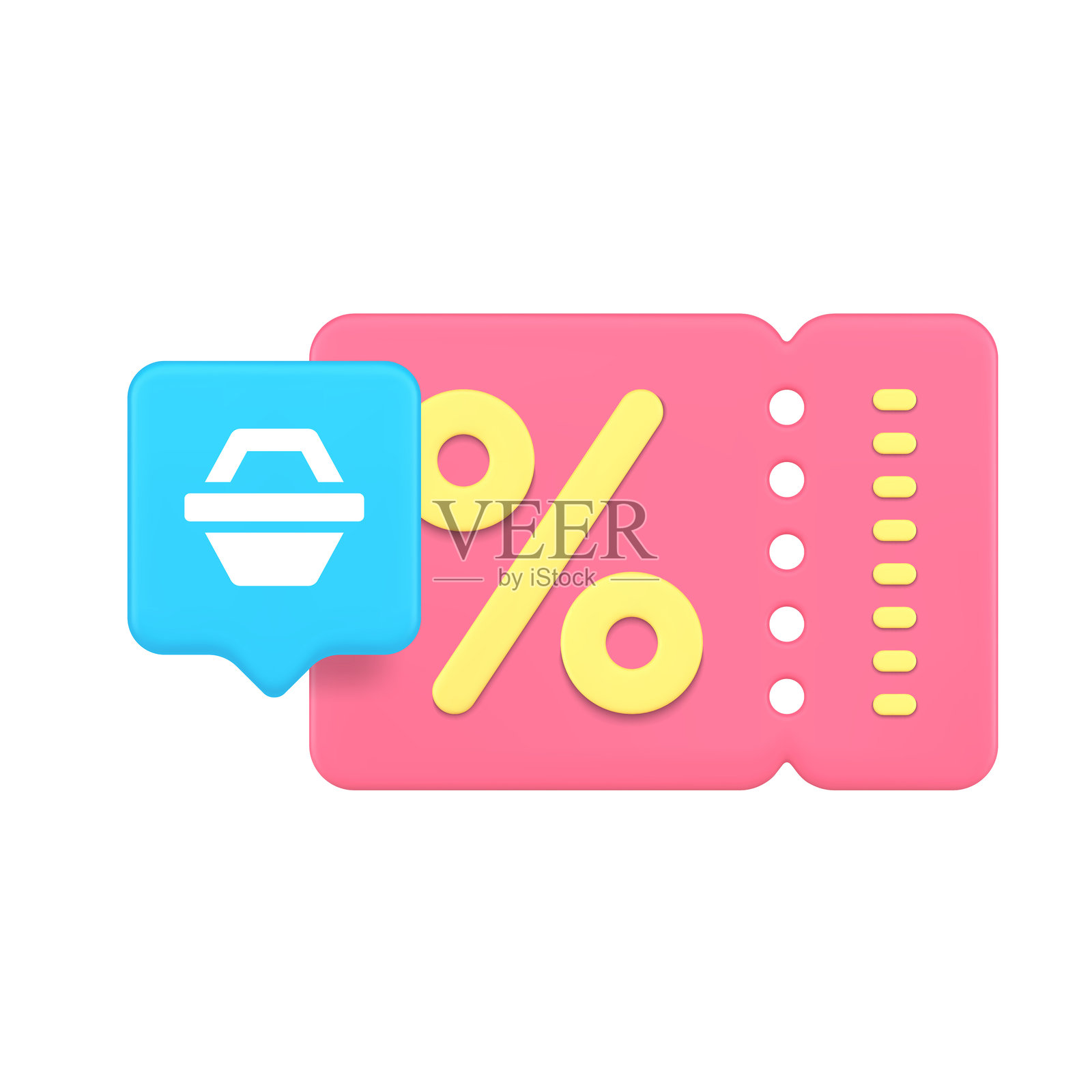 3D逼真的粉色折扣券图标,带有百分比和蓝色购物车,用于零售促销插画图片素材