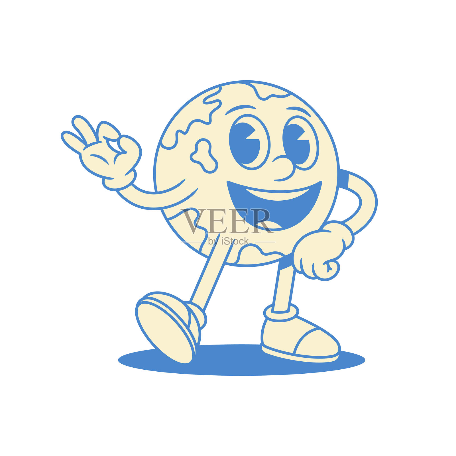 快乐的地球植物卡通角色,做出“很好”的手势,轮廓矢量平面图。插画图片素材