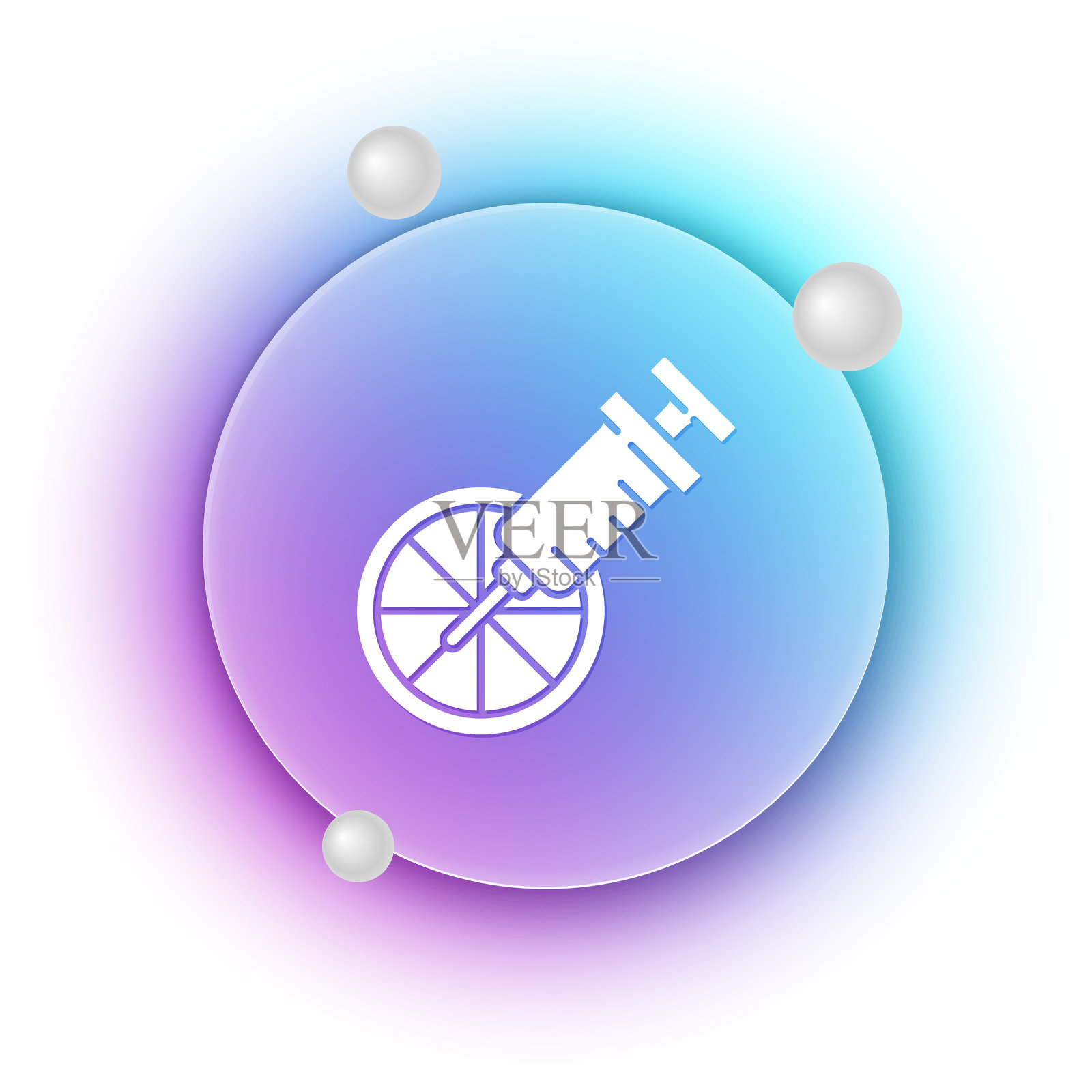 白色转基因柑橘水果图标,背景为蓝紫渐变圆圈。切开的橙子。健康生活方式。转基因水果。矢量图。插画图片素材