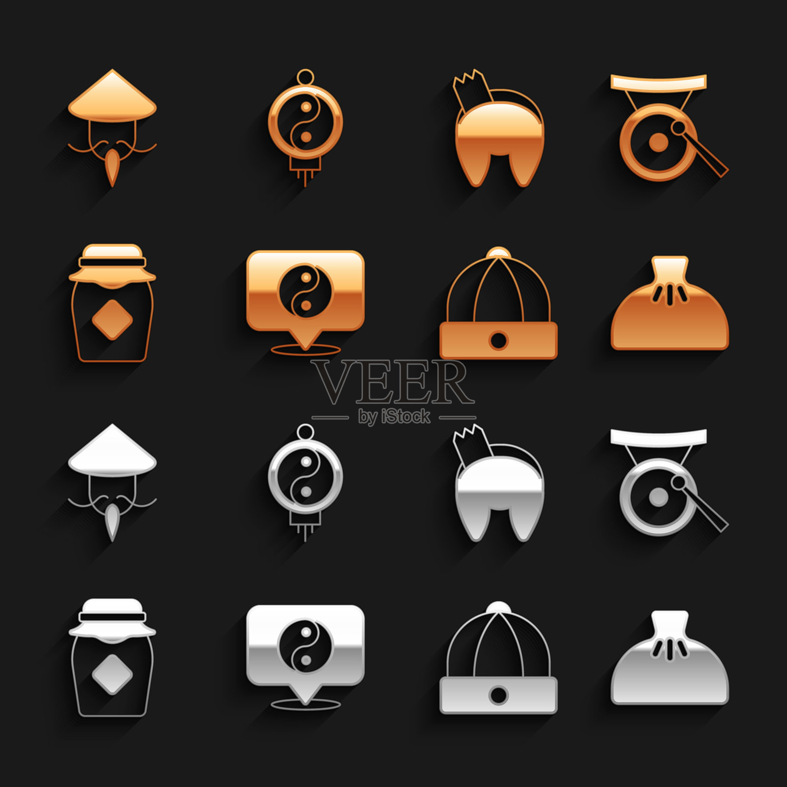 阴阳符号、锣乐器、饺子、中国帽子、蜂蜜罐、幸运饼干、亚洲斗笠和纸灯笼图标。矢量图。插画图片素材