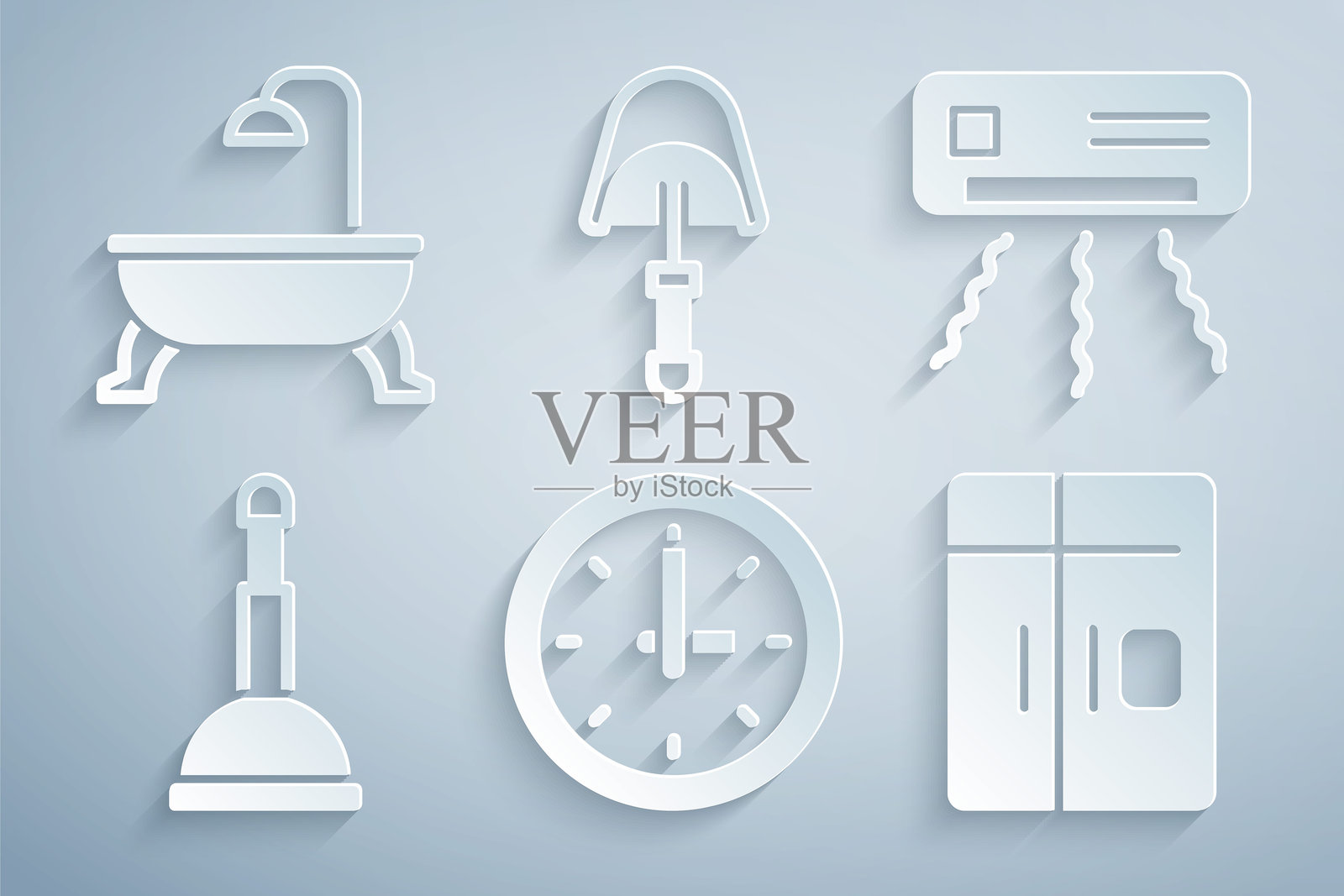 时钟、空调、橡胶搋子、冰箱、铲子和浴缸图标。矢量图。插画图片素材