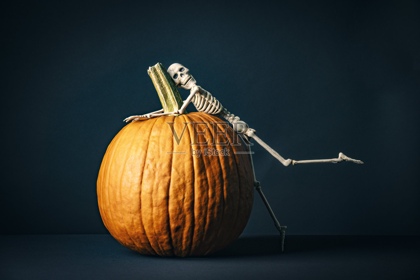 万圣节骷髅与大南瓜摆姿势照片摄影图片