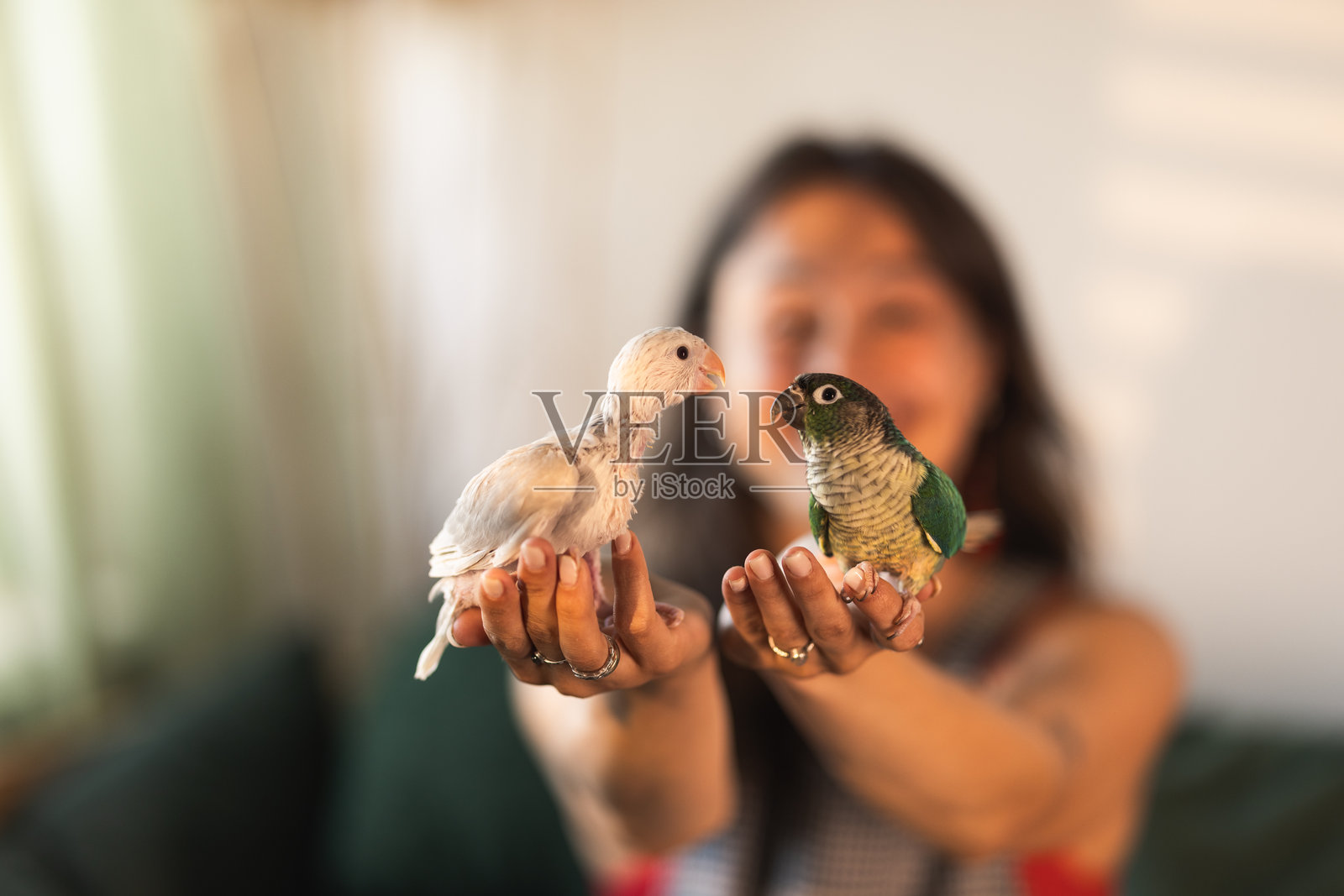 快乐的女人与鸟儿照片摄影图片