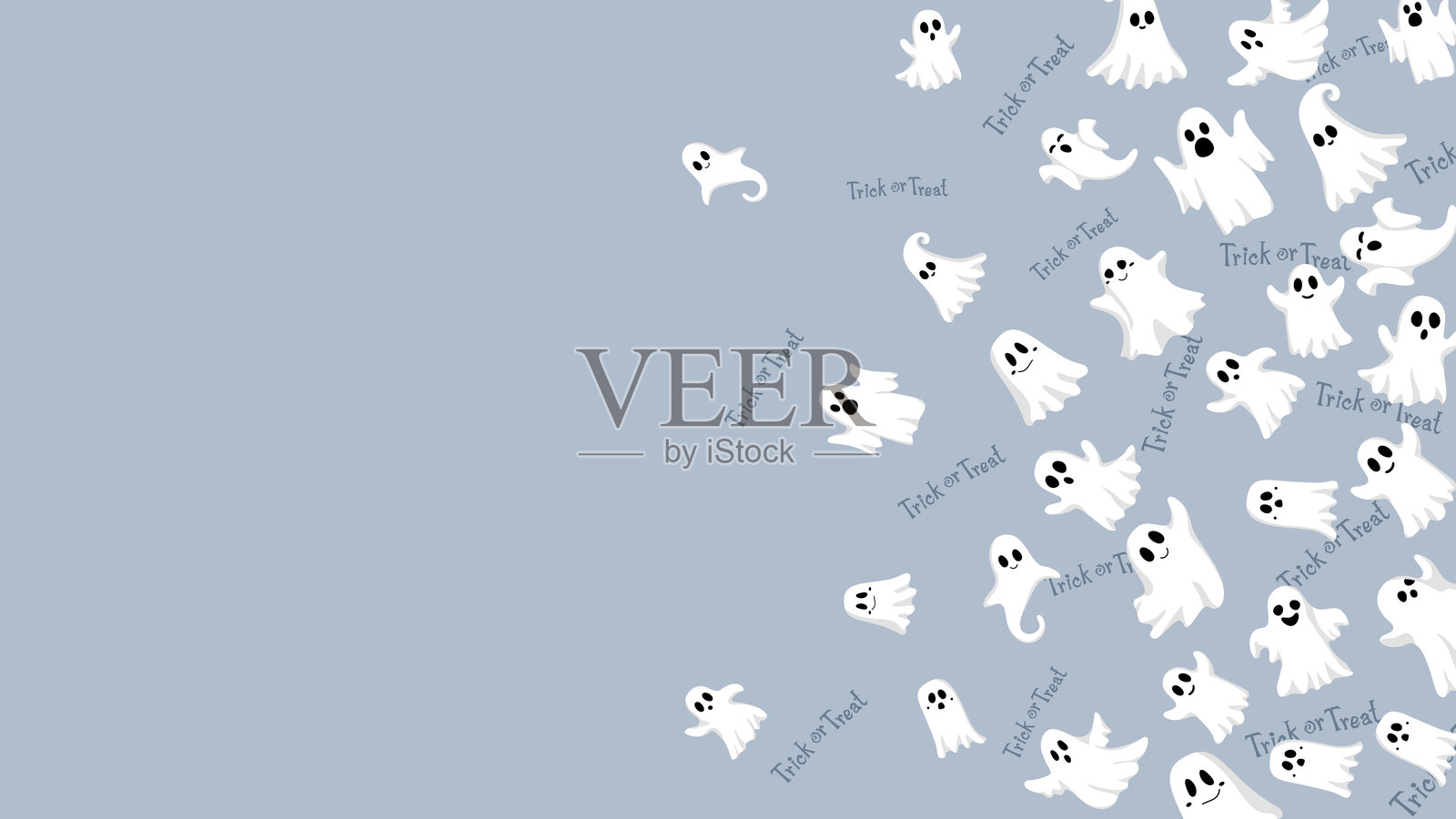 可爱的白色鬼魂万圣节卡通框架矢量图,背景为浅蓝色插画图片素材