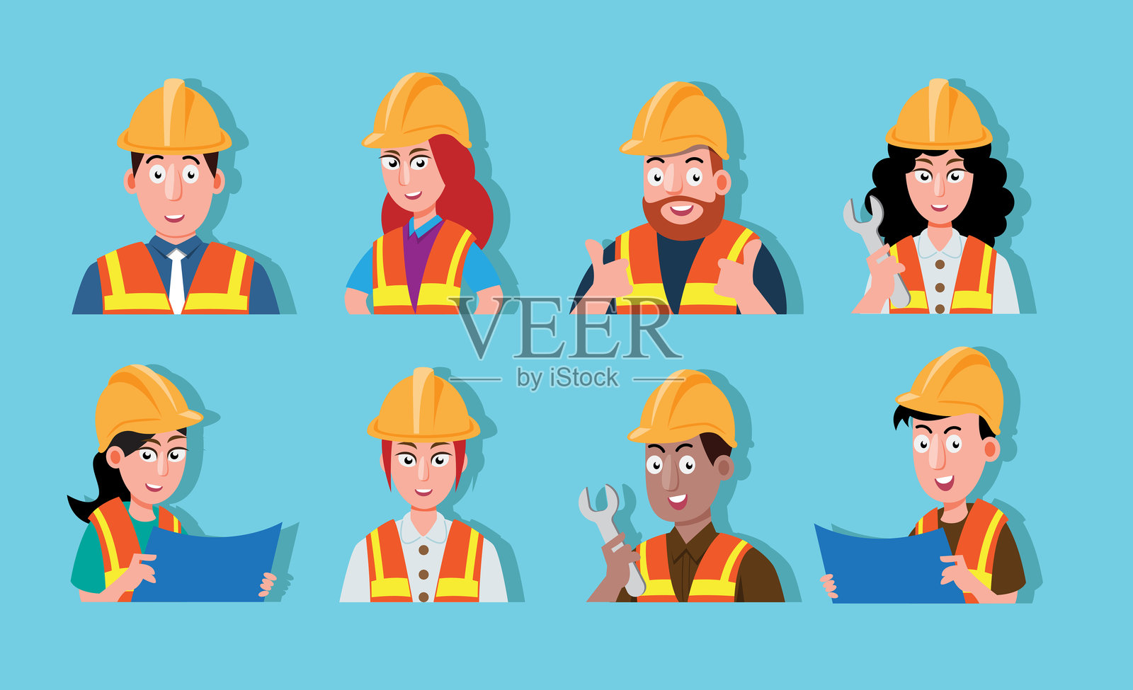 戴着安全头盔的建筑工人角色插画图片素材