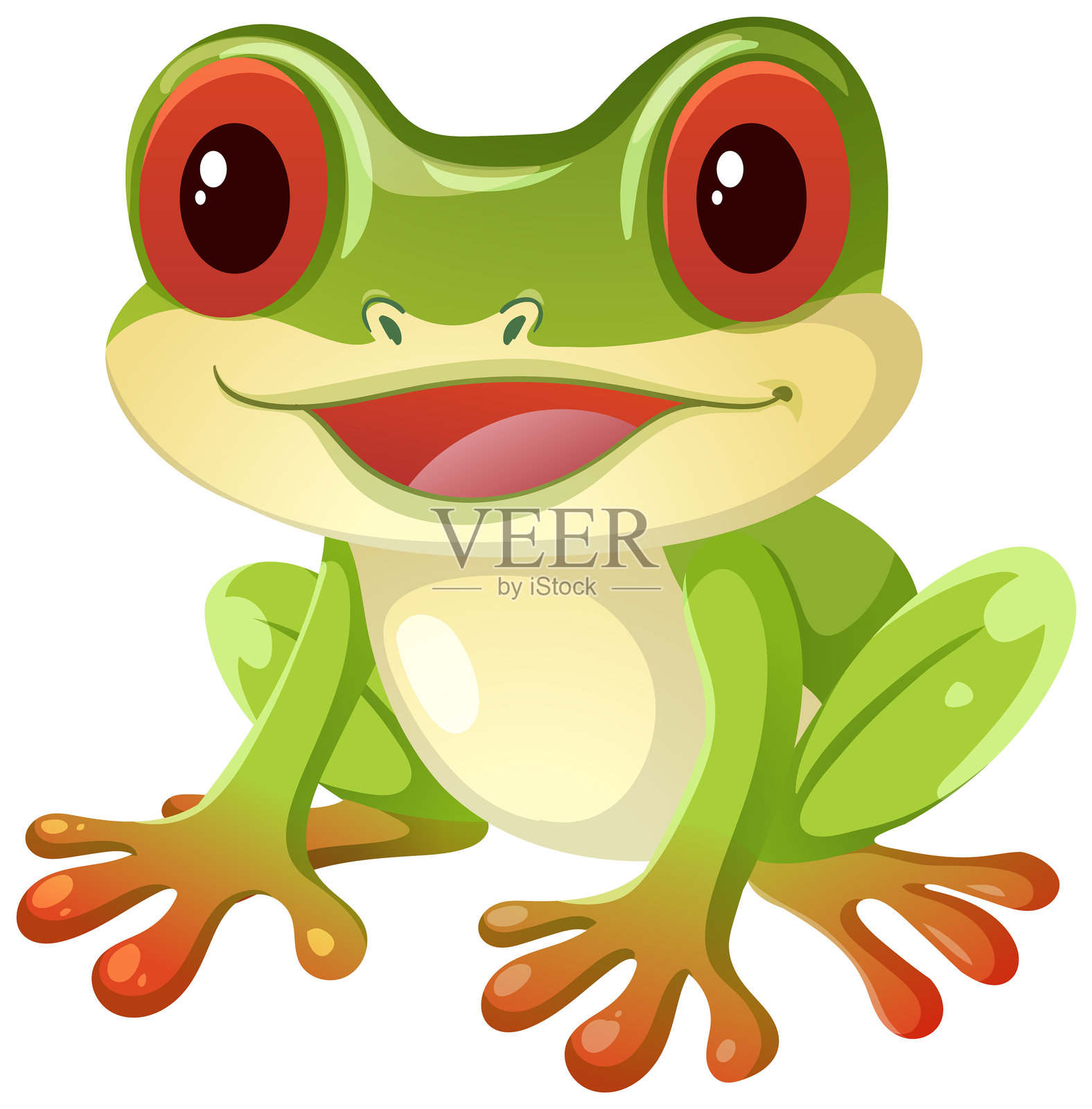 微笑的卡通红眼树蛙坐着向前看插画图片素材