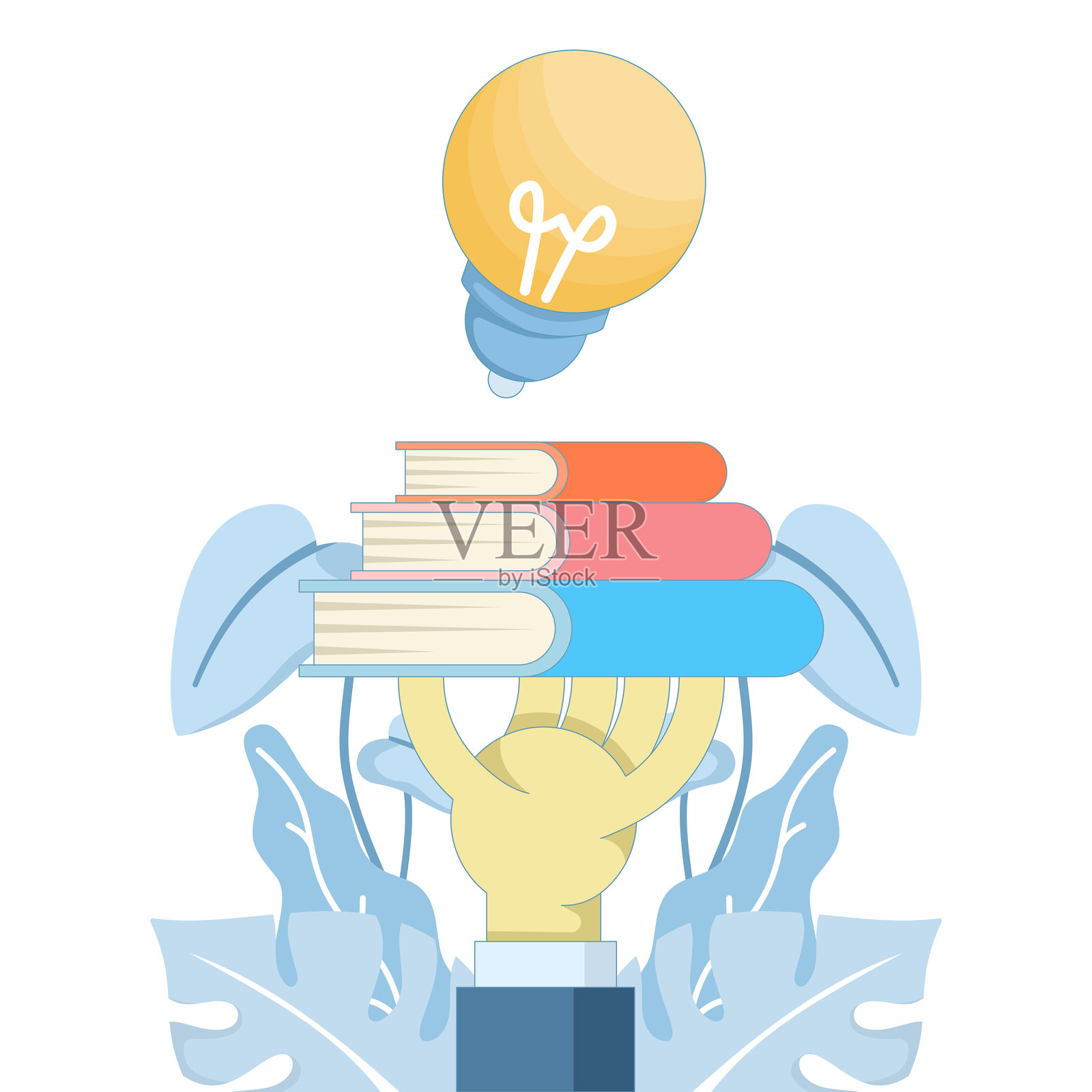 知识与教育概念的扁平矢量插图。手握一本书,书上有一个灯泡,象征着学习、创造力、获得新技能、灵感和发现解决方案。插画图片素材