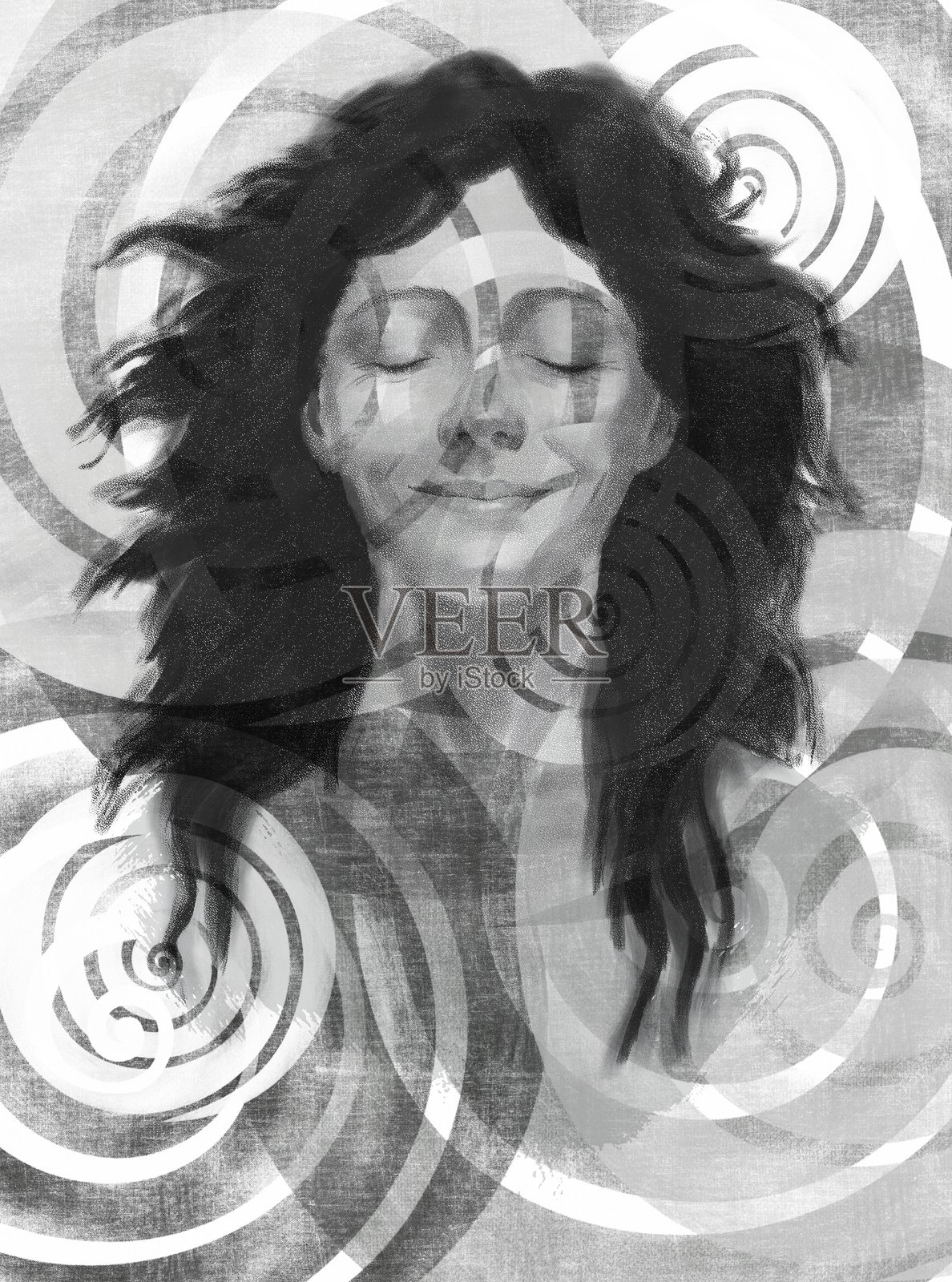 闭眼年轻女性的肖像插画图片素材