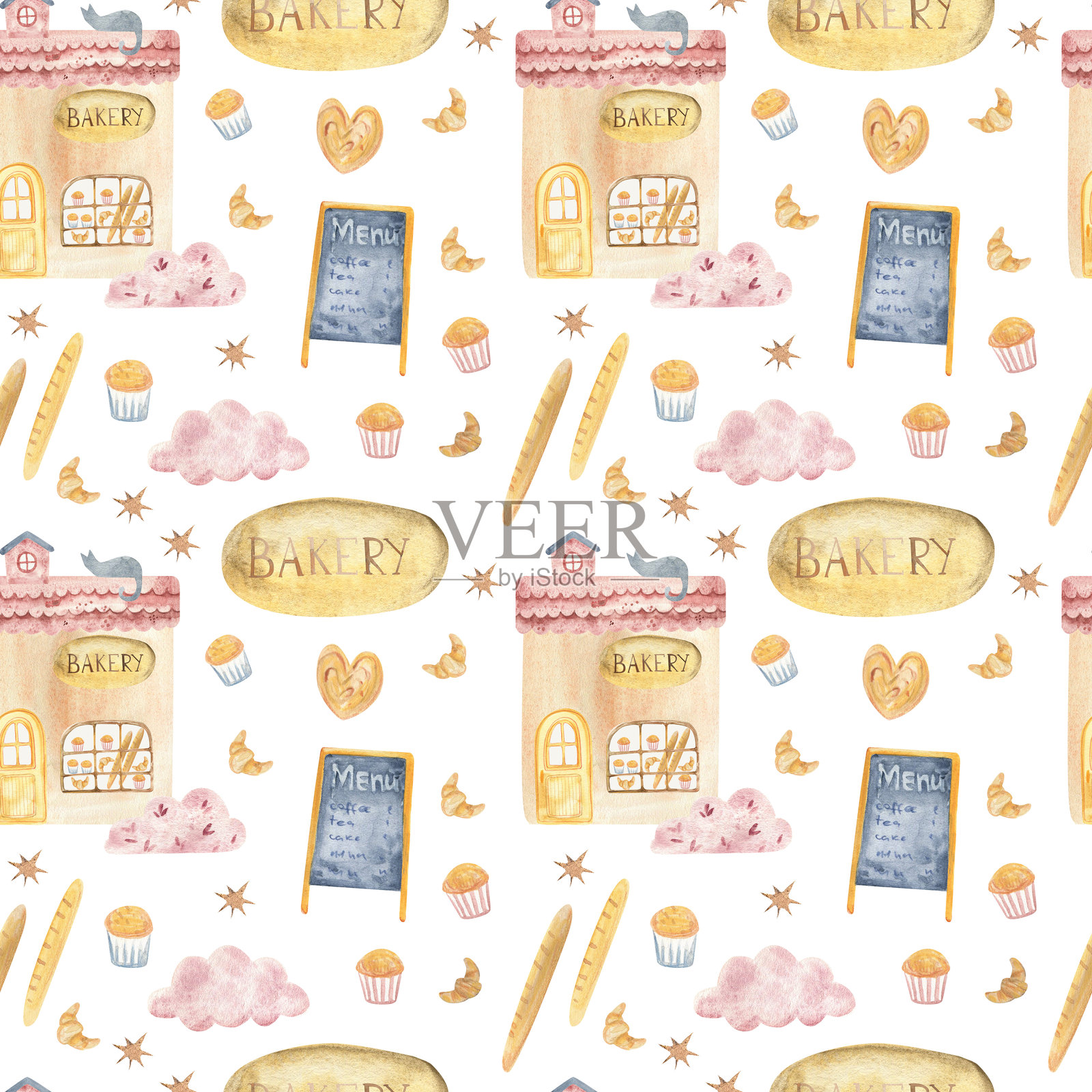 水彩无缝图案,包含面包店、面包、可颂、杯子蛋糕、菜单板和舒适元素。非常适合咖啡馆设计、包装、纺织品、包装纸和厨房装饰。插画图片素材
