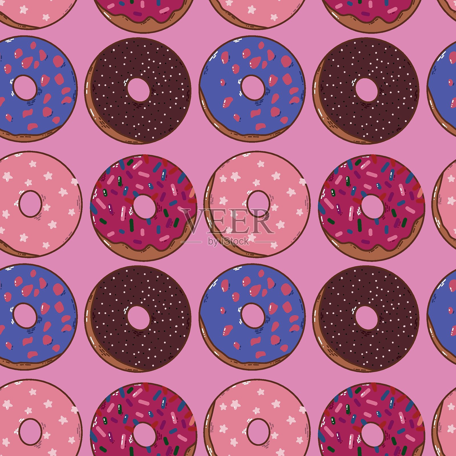 粉色背景上的彩色糖霜甜甜圈无缝图案插画图片素材