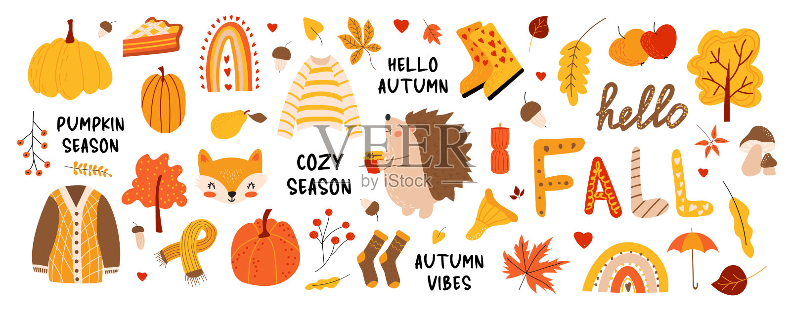 秋季矢量大集合。可爱的秋季插图,独立于白色背景。插画图片素材