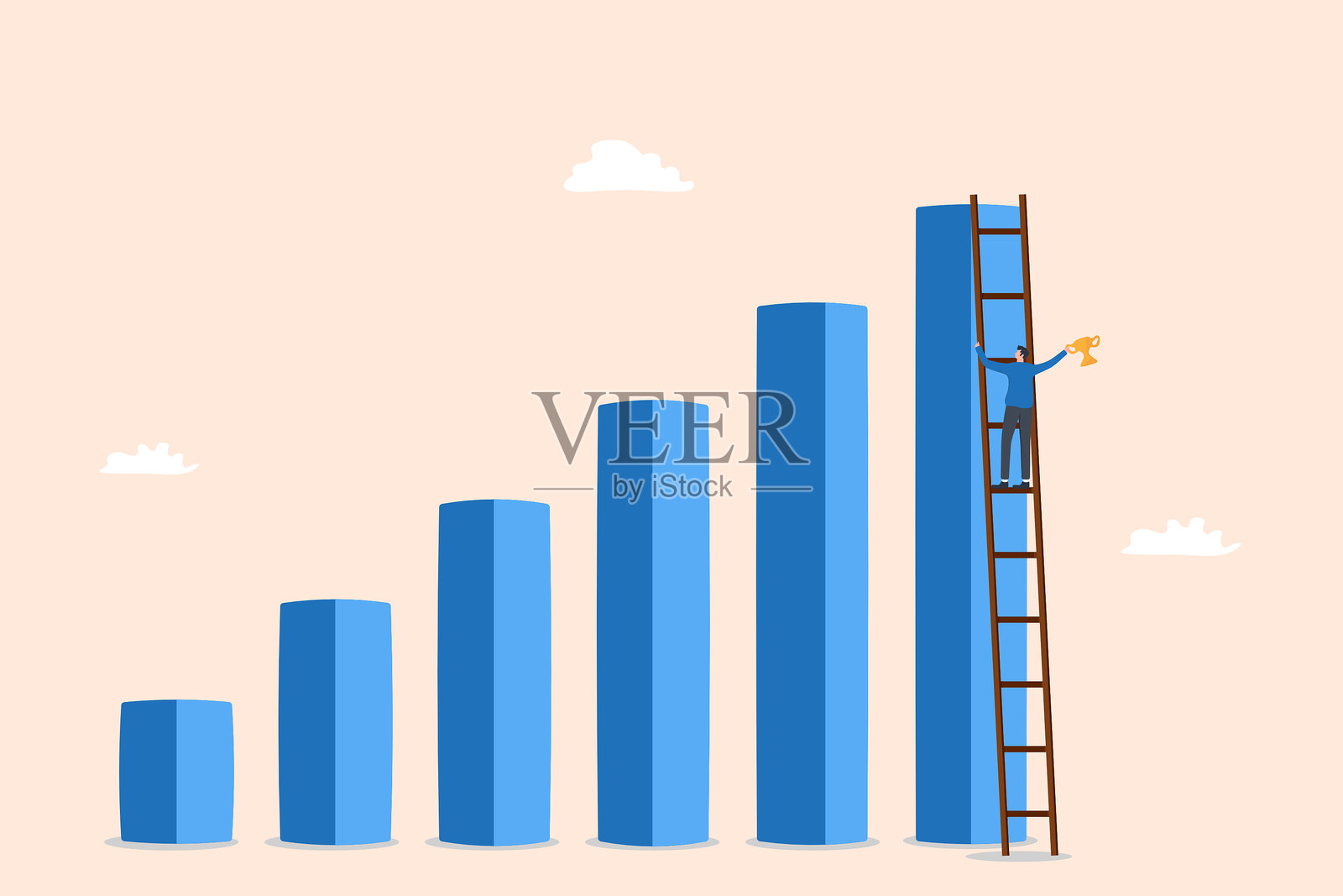 男子在图表上攀爬梯子,手里拿着奖杯插画图片素材