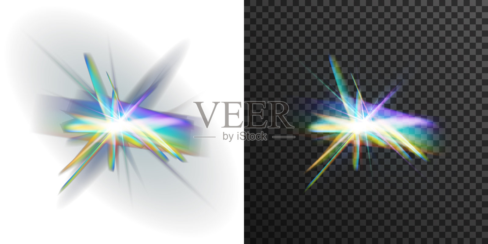 抽象发光棱镜效果。矢量折射光、霓虹星爆、彩虹全息光晕和闪光颗粒,独立于黑色透明背景,用于设计装饰。插画图片素材