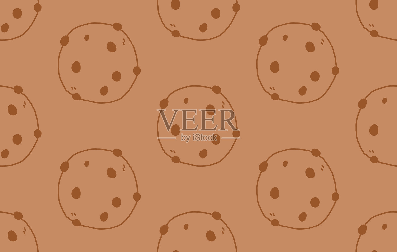 饼干无缝图案。手绘可爱的巧克力饼干,孤立在棕色背景上。矢量插图插画图片素材