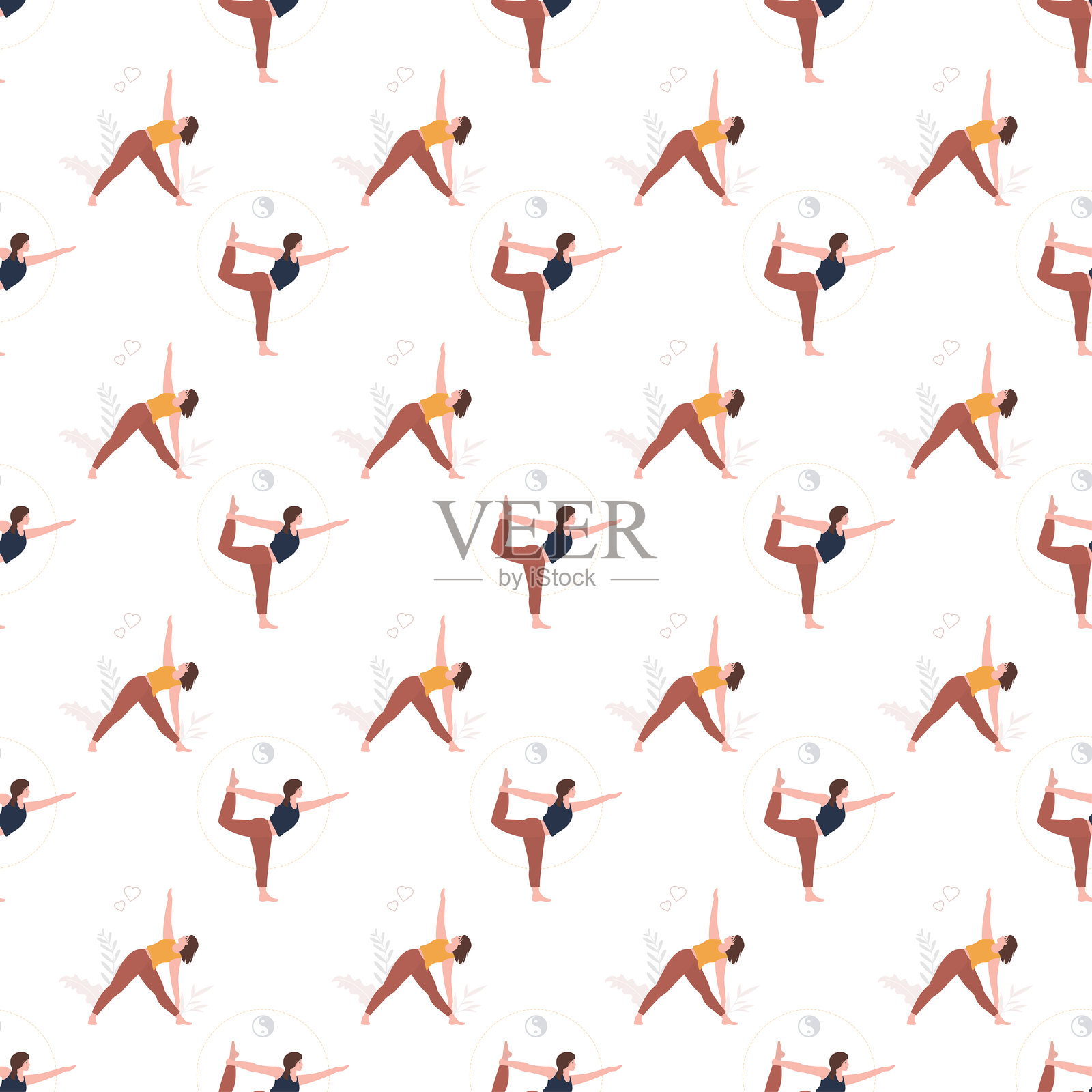 无缝图案,年轻女孩做瑜伽姿势。强壮的女性练习瑜伽,纹理模板。白色背景上的壁纸设计。插画图片素材