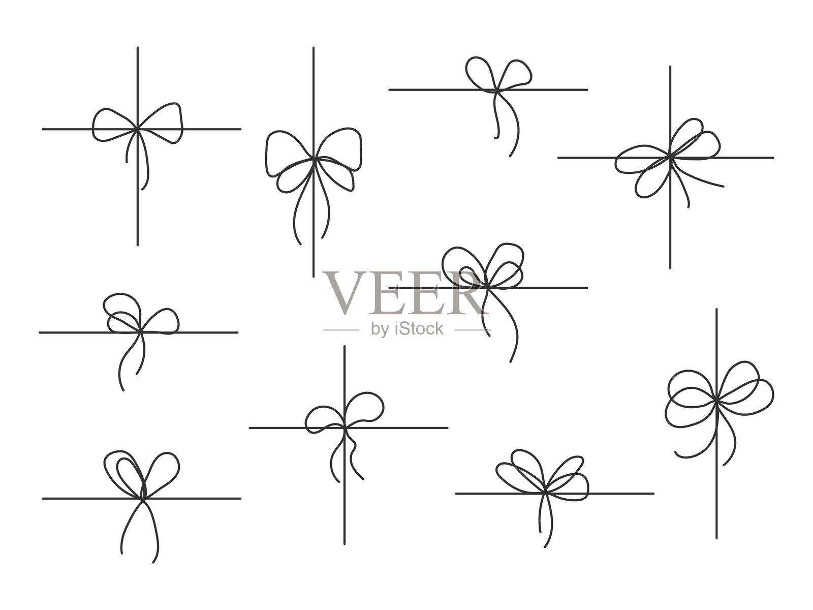 手绘黑色线条的绳子上的蝴蝶结集合插画图片素材