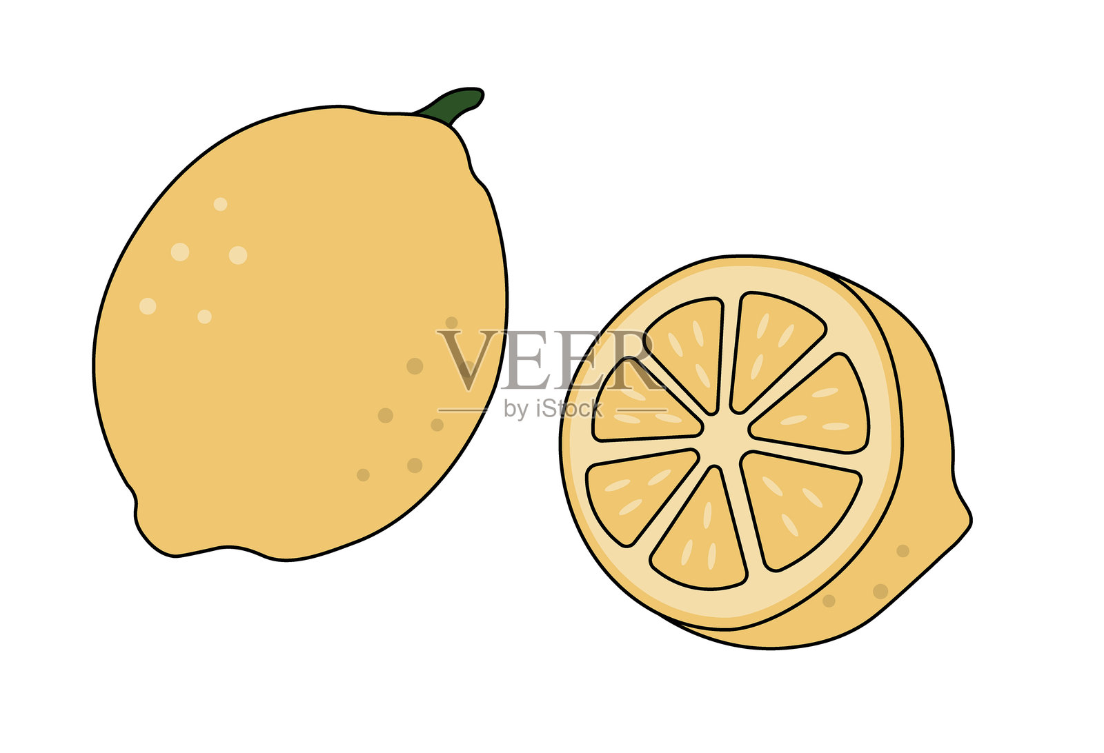 新鲜的黄色柠檬与切开的横截面柑橘水果,健康食品和饮料概念插图插画图片素材