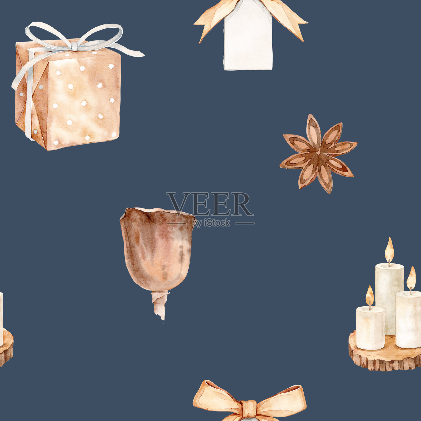 水彩圣诞无缝图案,包含礼物、蜡烛和蝴蝶结插画图片素材