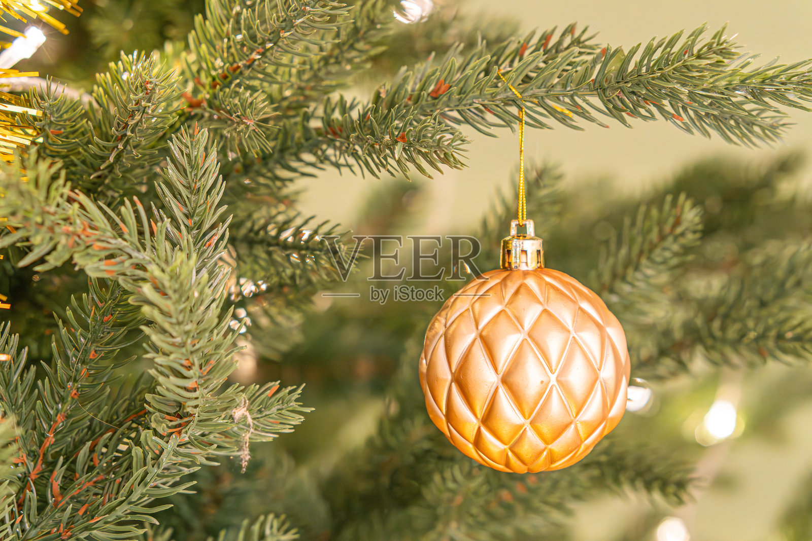 圣诞树枝的特写,挂着两个金属装饰品 - 金色球体和银铜色环形设计,绿色针叶覆盖在树枝上,与装饰品形成对比。照片摄影图片