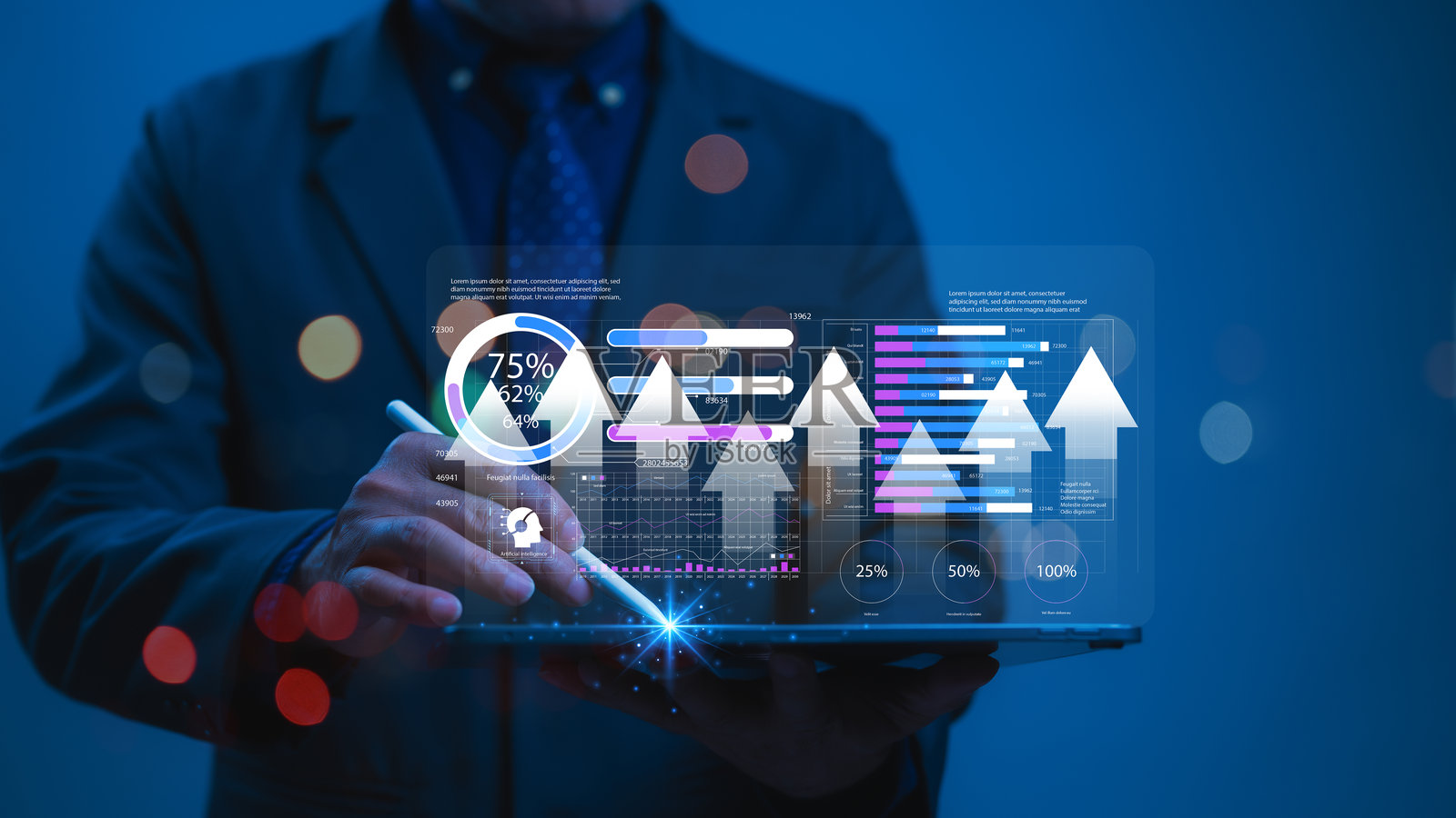 数据驱动决策的商人正在分析数字数据,利用平板电脑上的用户洞察,借助技术进行商业智能决策,使用触控笔。照片摄影图片