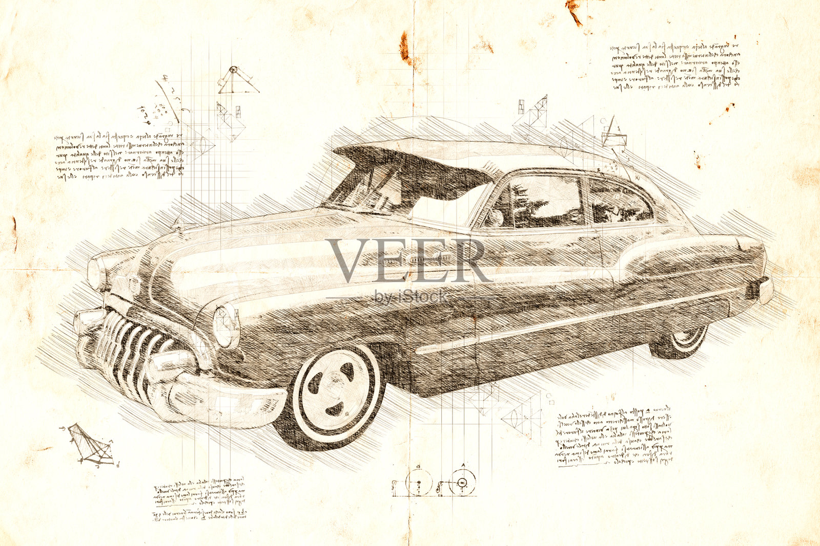 达芬奇的美国老式汽车素描照片摄影图片
