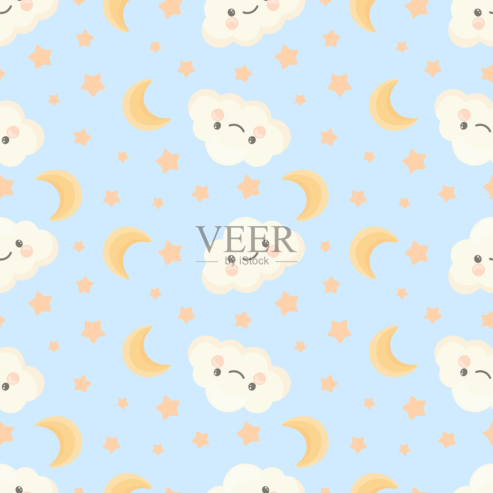 无缝的柔和夜空图案,带有微笑的云朵、弯月和桃色星星,背景为柔和的蓝色。非常适合婴儿房装饰、儿童产品、纺织品和睡前主题设计。插画图片素材