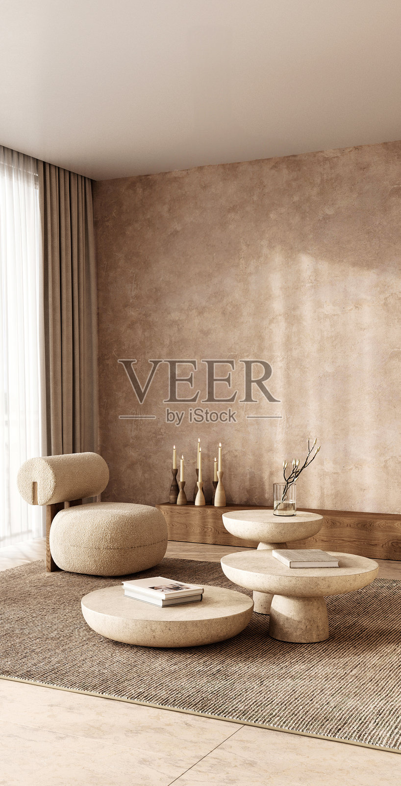 舒适的波西米亚斯堪的纳维亚风格阅读角落,配有独特的椅子和圆形石桌,3D渲染图照片摄影图片