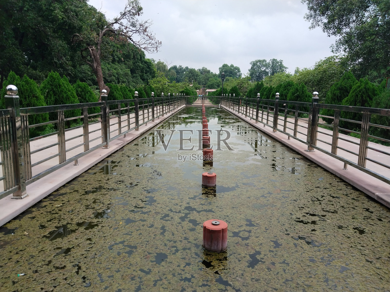 长型装饰性花园池塘,配有平行步道和一排红色喷泉柱,水面覆盖藻类,郁郁葱葱的绿化,位于历史悠久的公共公园,宁静的小径,风景如画的建筑水景。照片摄影图片