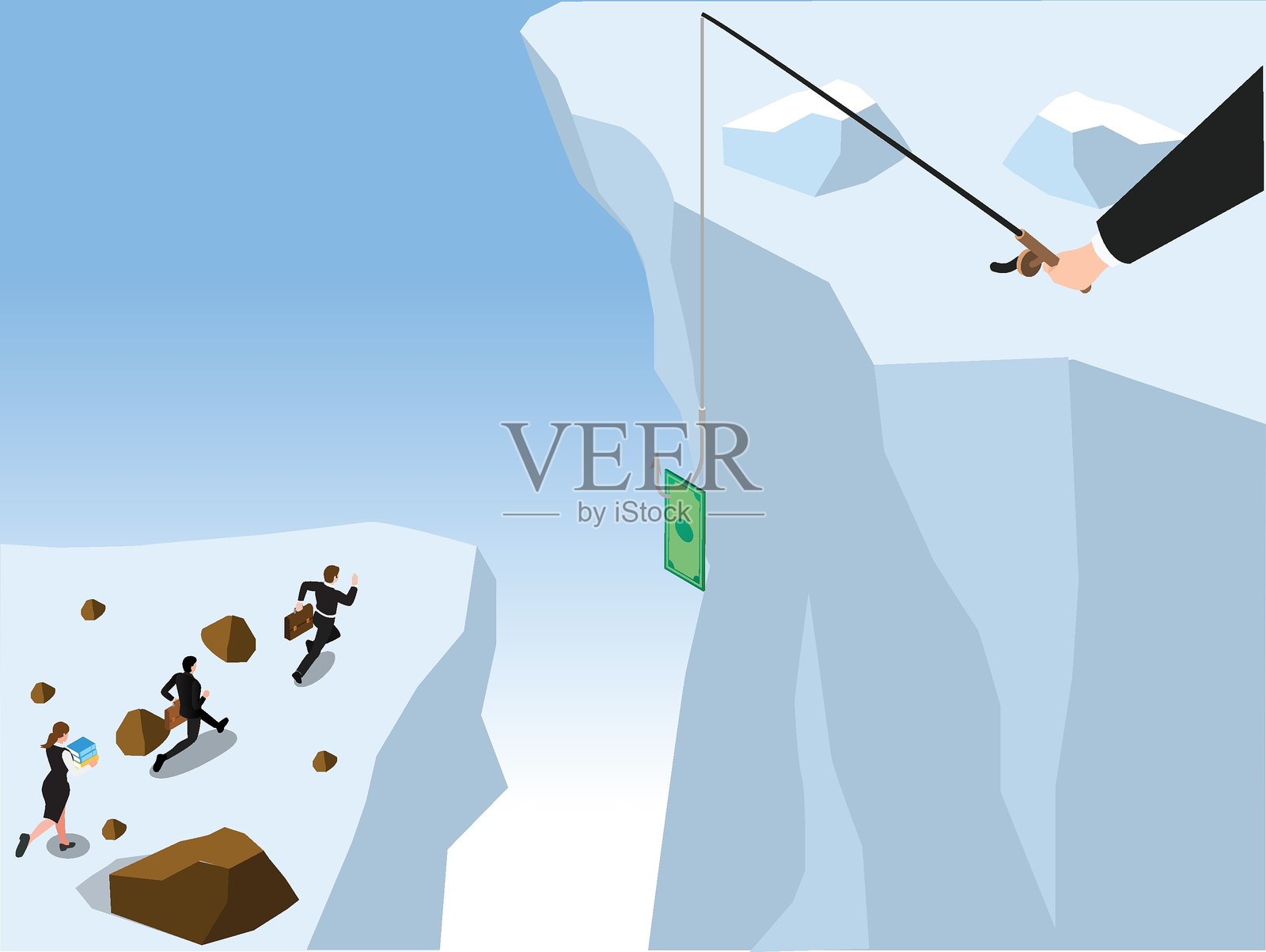 悬崖上,商人们试图用钓鱼竿获取挂着的钱,展现金融风险、诱惑和骗局。3D矢量插图插画图片素材