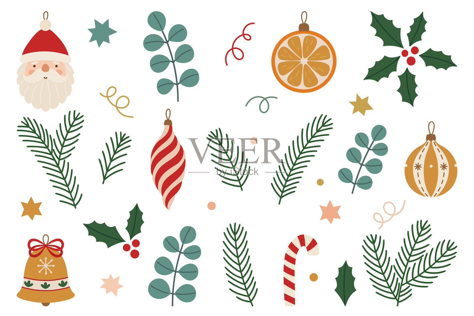 圣诞节矢量图集,包括圣诞老人、装饰品、松树枝和节日装饰插画图片素材