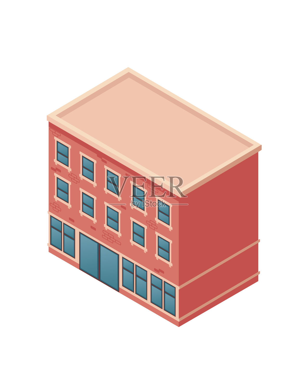 红砖建筑的等距视图。带蓝色窗户的城市结构。三层楼,多个窗户。商业底层。公寓或办公楼。带平屋顶的城市建筑。插画图片素材