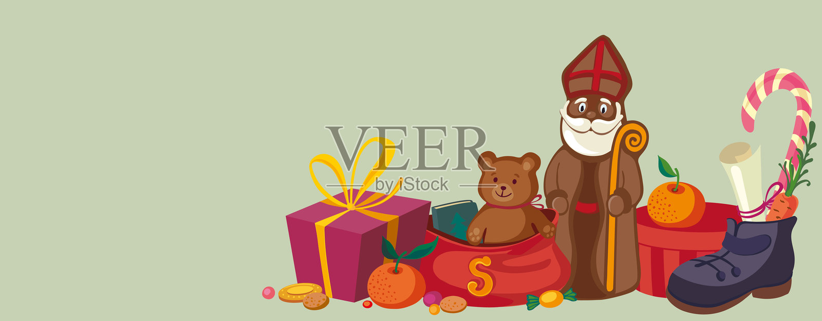 圣尼古拉斯节宣传单,配有礼物和鞋子插画图片素材