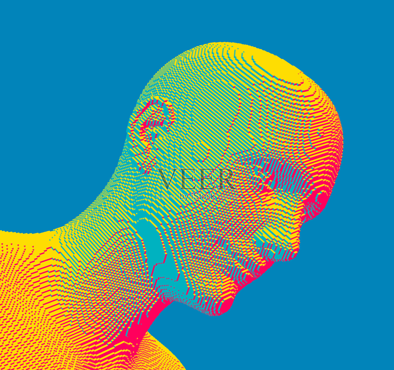 微笑男子的肖像。由立方体构成的抽象数字人头。科技与机器人概念。体素艺术。用于演示、传单或海报的3D矢量插图。插画图片素材