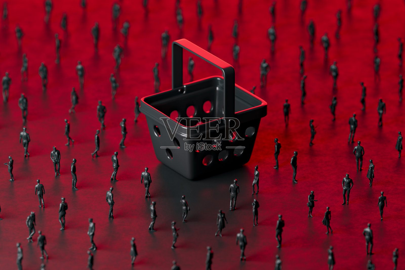 黑色星期五购物篮与未来感霓虹暗背景下的商业人群照片摄影图片