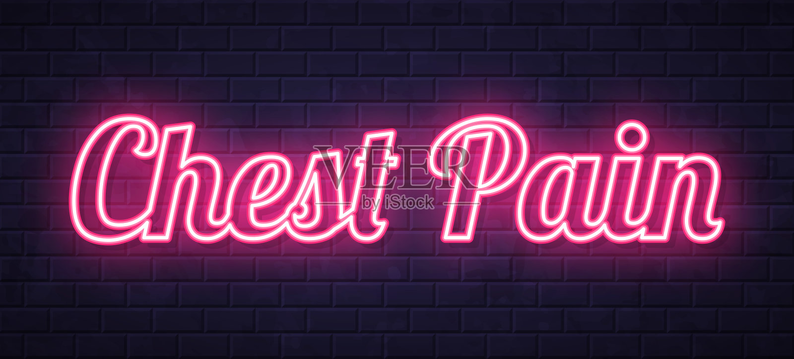 胸痛 - 砖墙背景上的发光霓虹文字插画图片素材