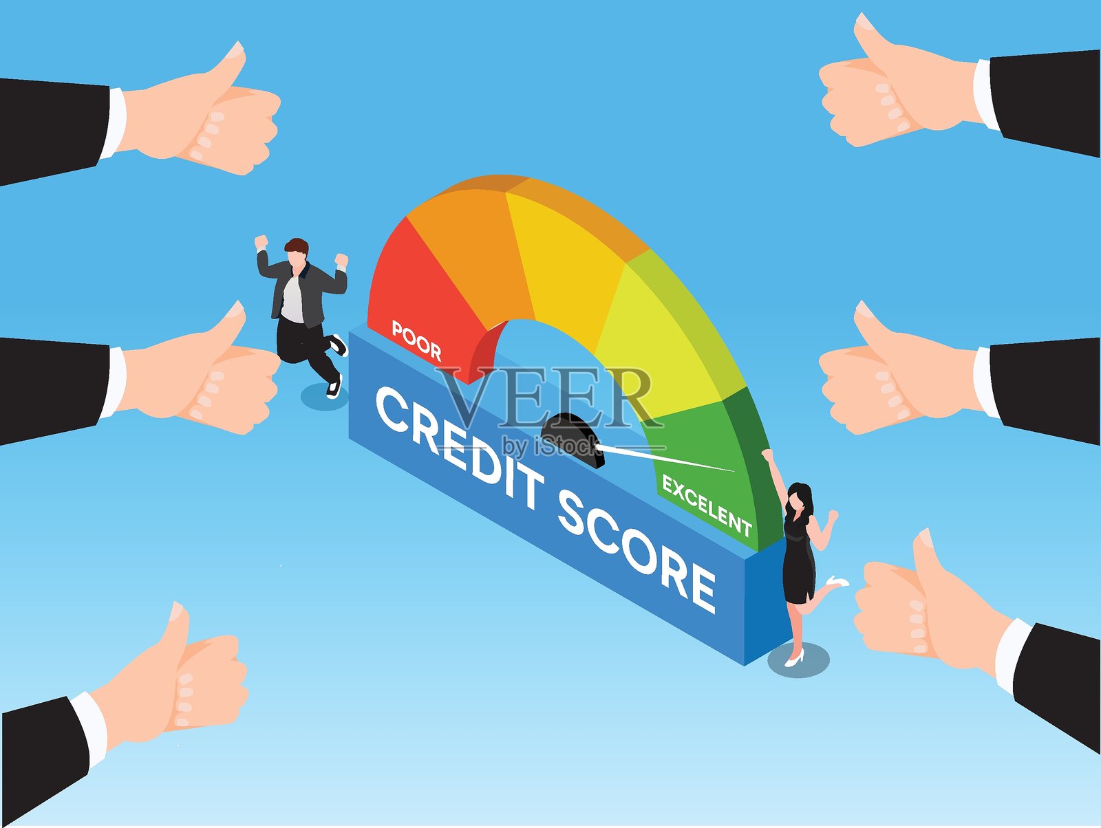 人们欢呼,信用评分仪表显示出优秀的分数,财务成功,良好的信用评级和财务健康。3D矢量插图插画图片素材