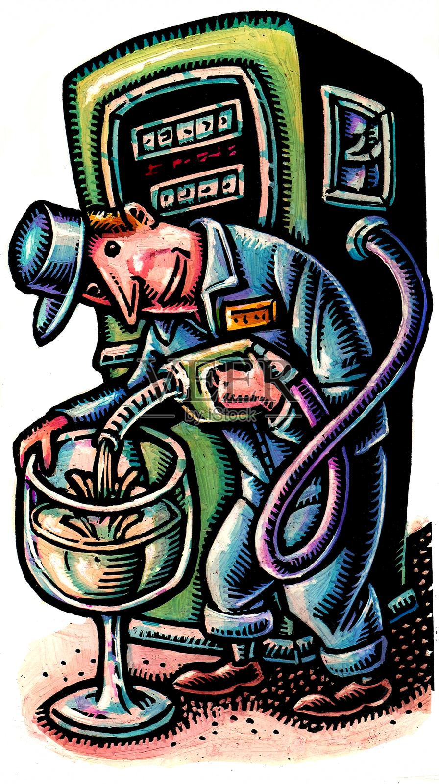 加油站的服务员用汽油给酒杯加油插画图片素材