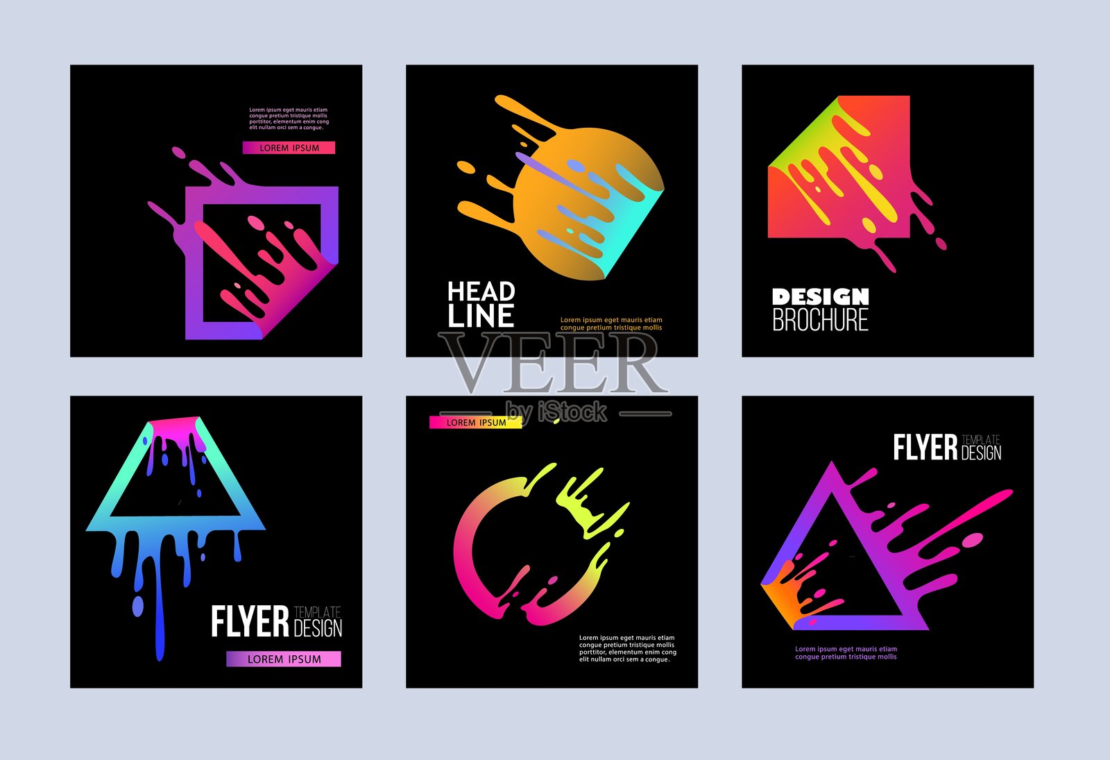 黑色背景上的油漆滴落溅射logo模板集。插画图片素材