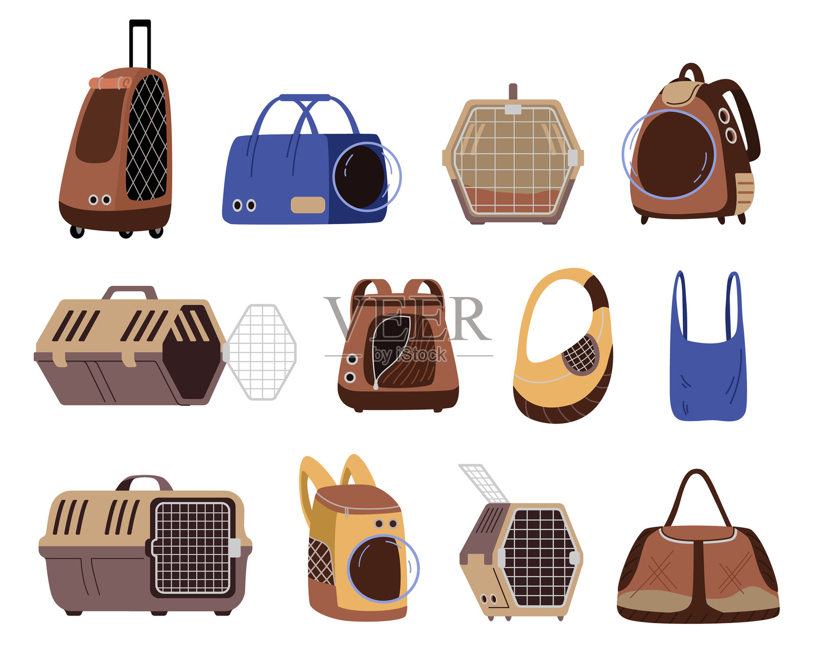 不同的宠物运输箱平面矢量插图,独立于白色背景。背包、包袋、狗和猫的笼子。插画图片素材