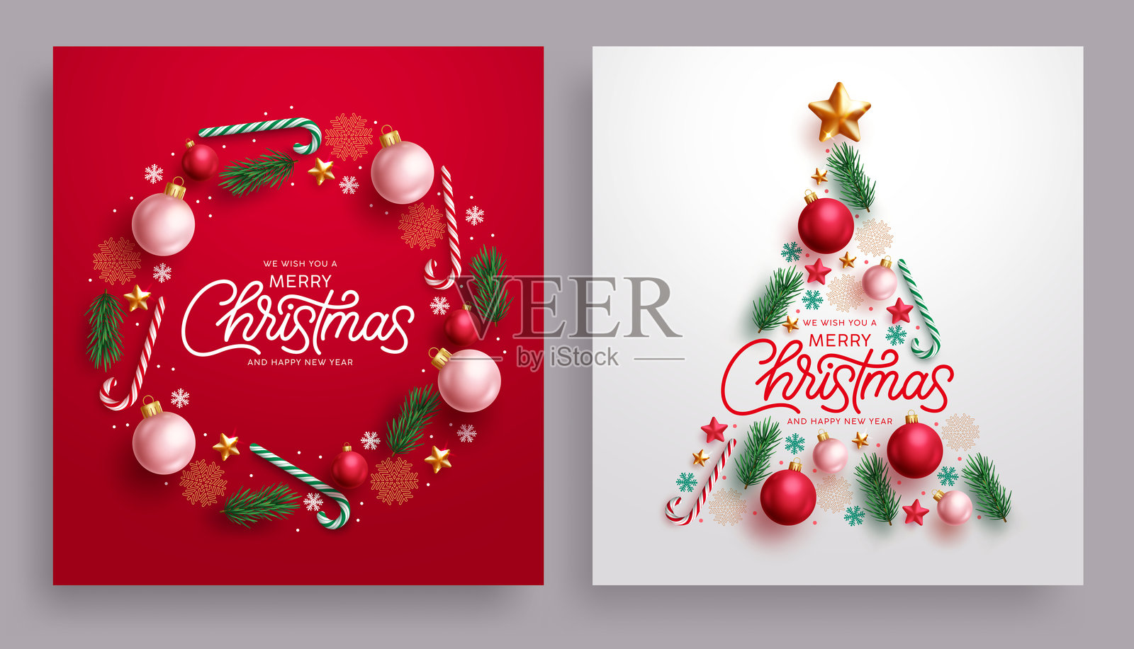 圣诞快乐贺卡剪贴画海报套装。包含圆形和松树形状的彩色装饰品的圣诞卡片和圣诞祝福剪贴画。插画图片素材