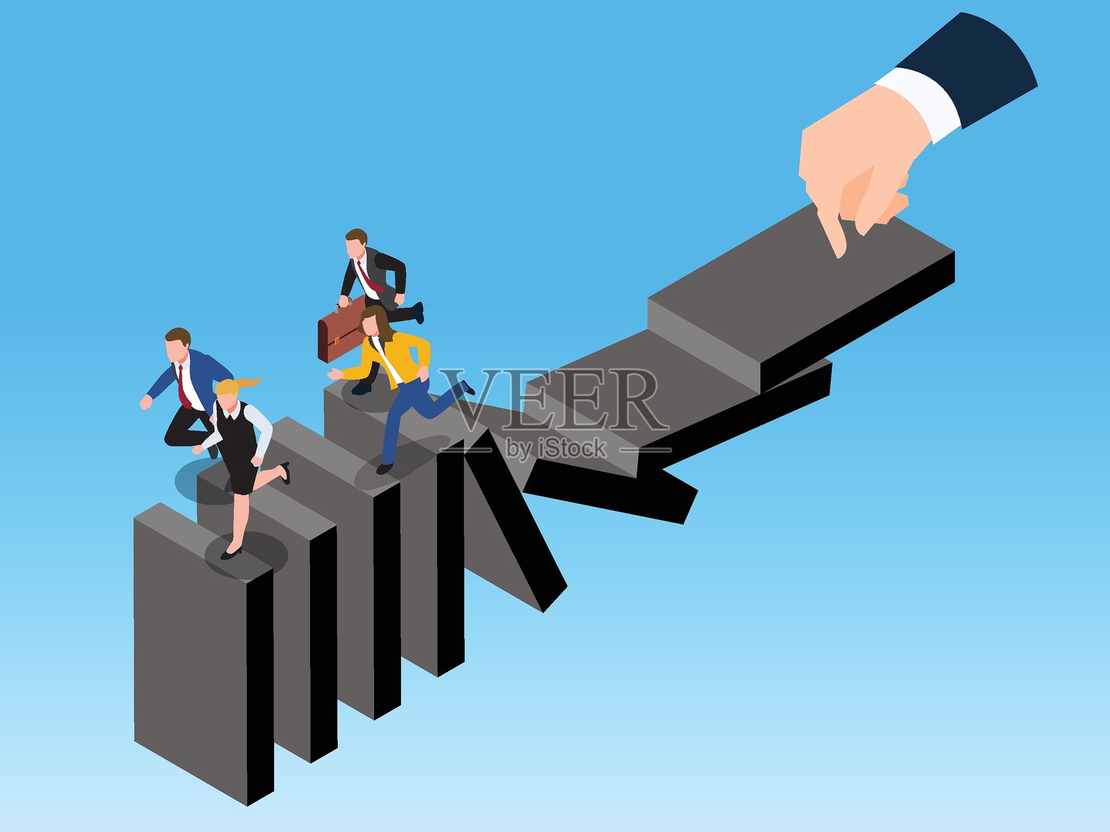 人们从因手指引起的倒塌楼梯上逃跑,商业挑战与风险,市场危机3D矢量插图插画图片素材