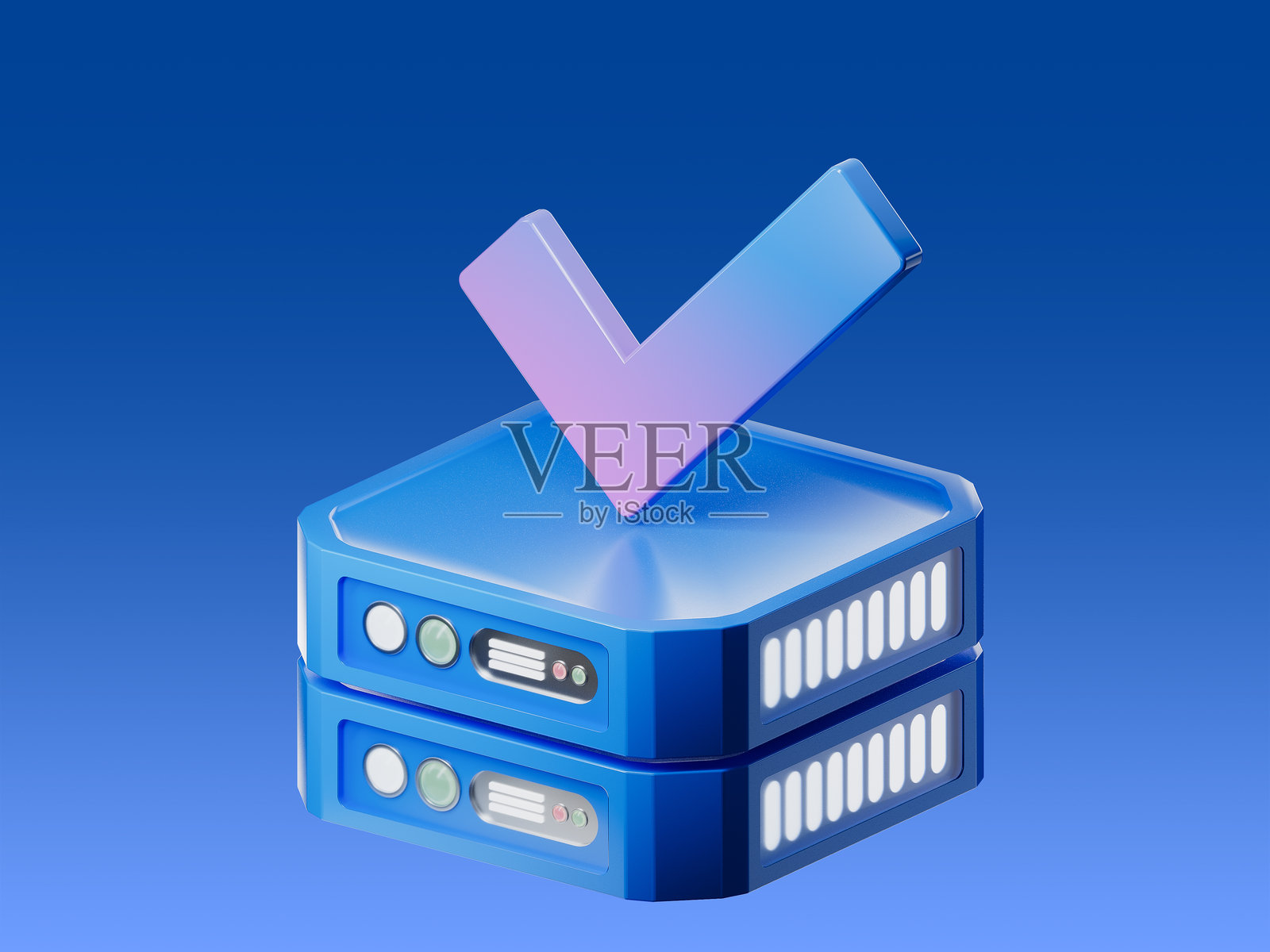 3D图标显示堆叠的服务器和一个勾号,象征着系统成功、网络稳定和可靠的数据操作。照片摄影图片