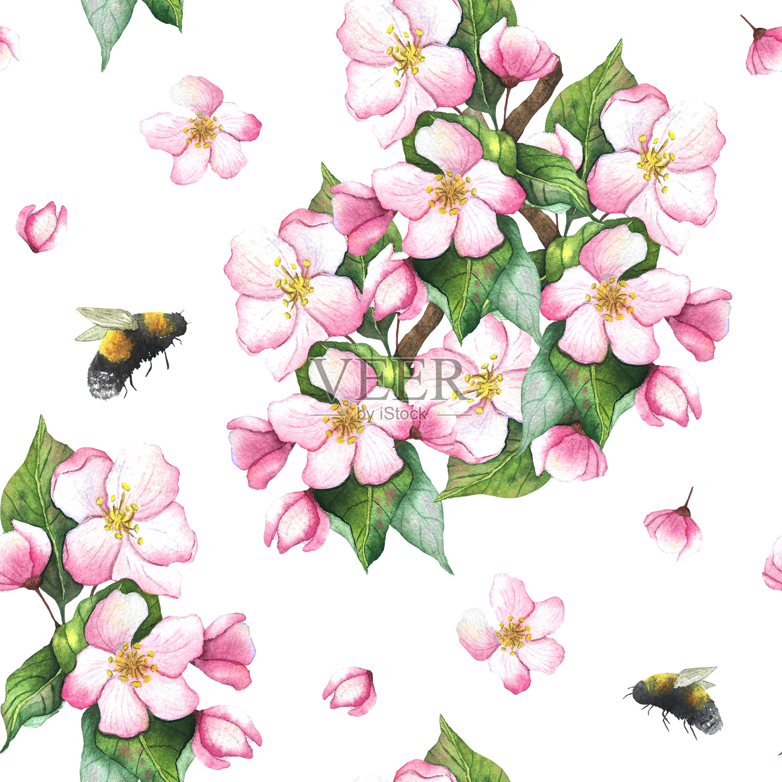 带有大黄蜂和粉色花朵的花卉无缝水彩图案,适用于餐具插图插画图片素材