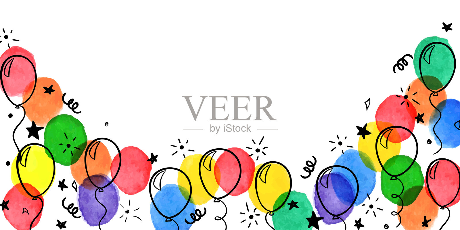 生日横幅。手绘卡通水彩气球,象征生日派对。设计节日贺卡和生日及节日邀请的背景。插画图片素材