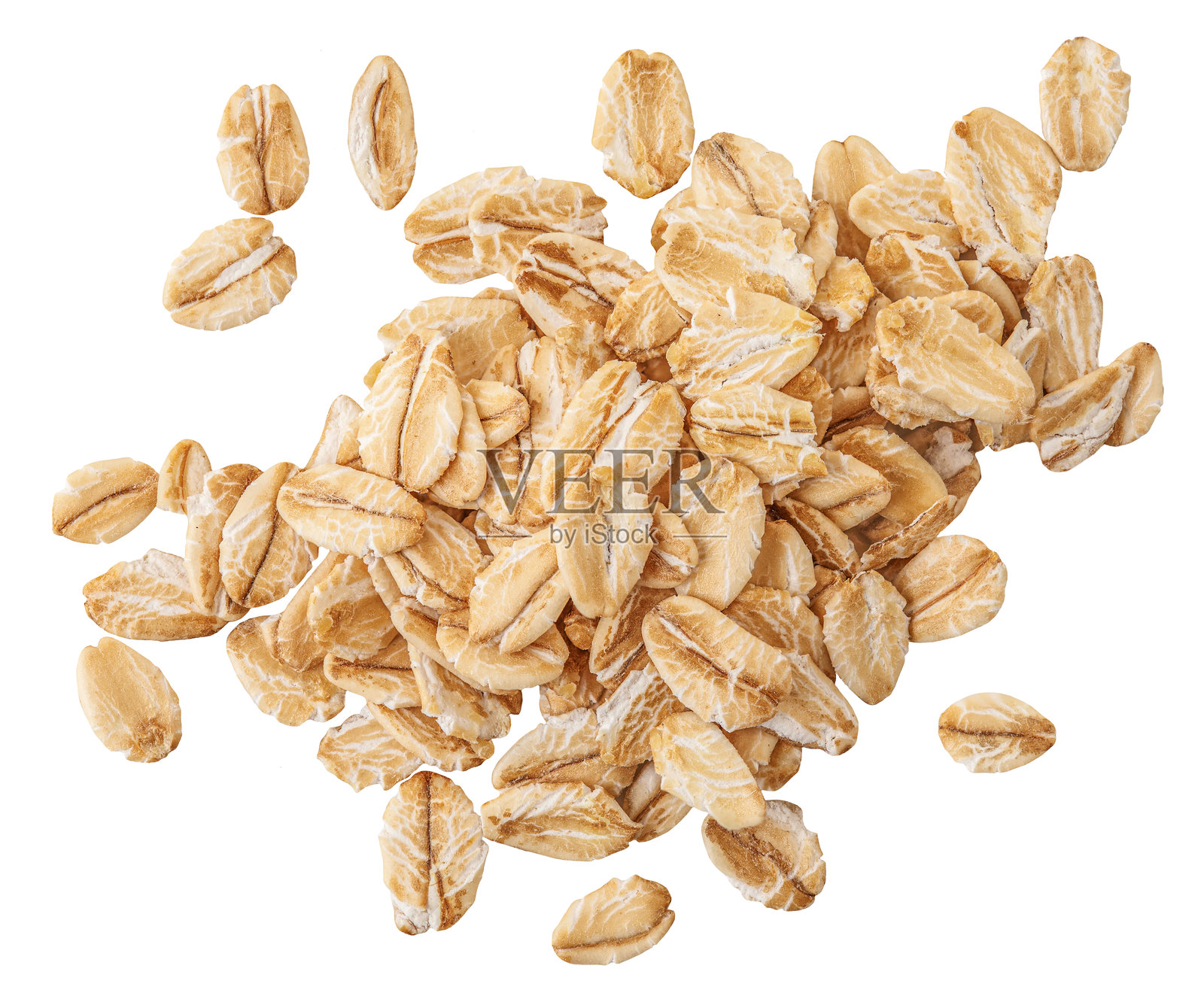 燕麦片堆放在白色背景上。燕麦片的俯视图。照片摄影图片